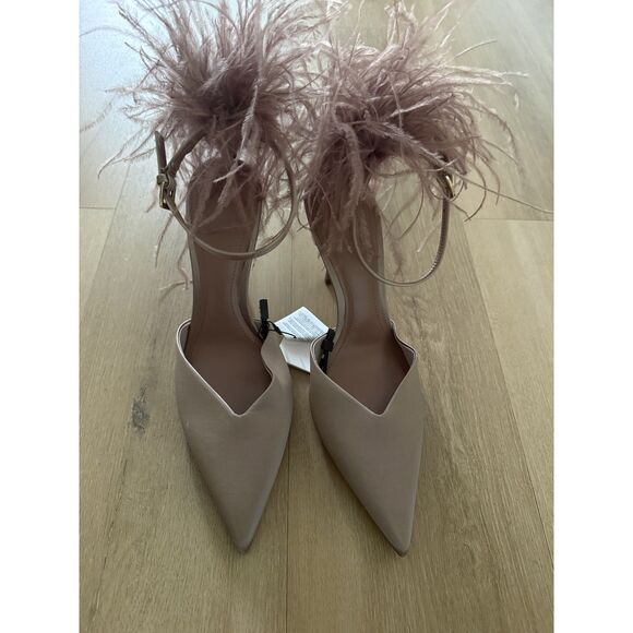ZARA Feather Heeled Shoes Beige Satin Slingback Rare Size 10 - Picture 3 of 5